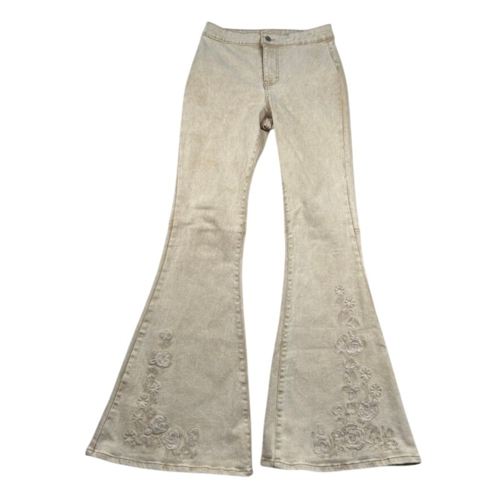 Chelsea Violet Jeans Women 27 Embroidered Flare Bell Bottom Tan Acid Wash Floral